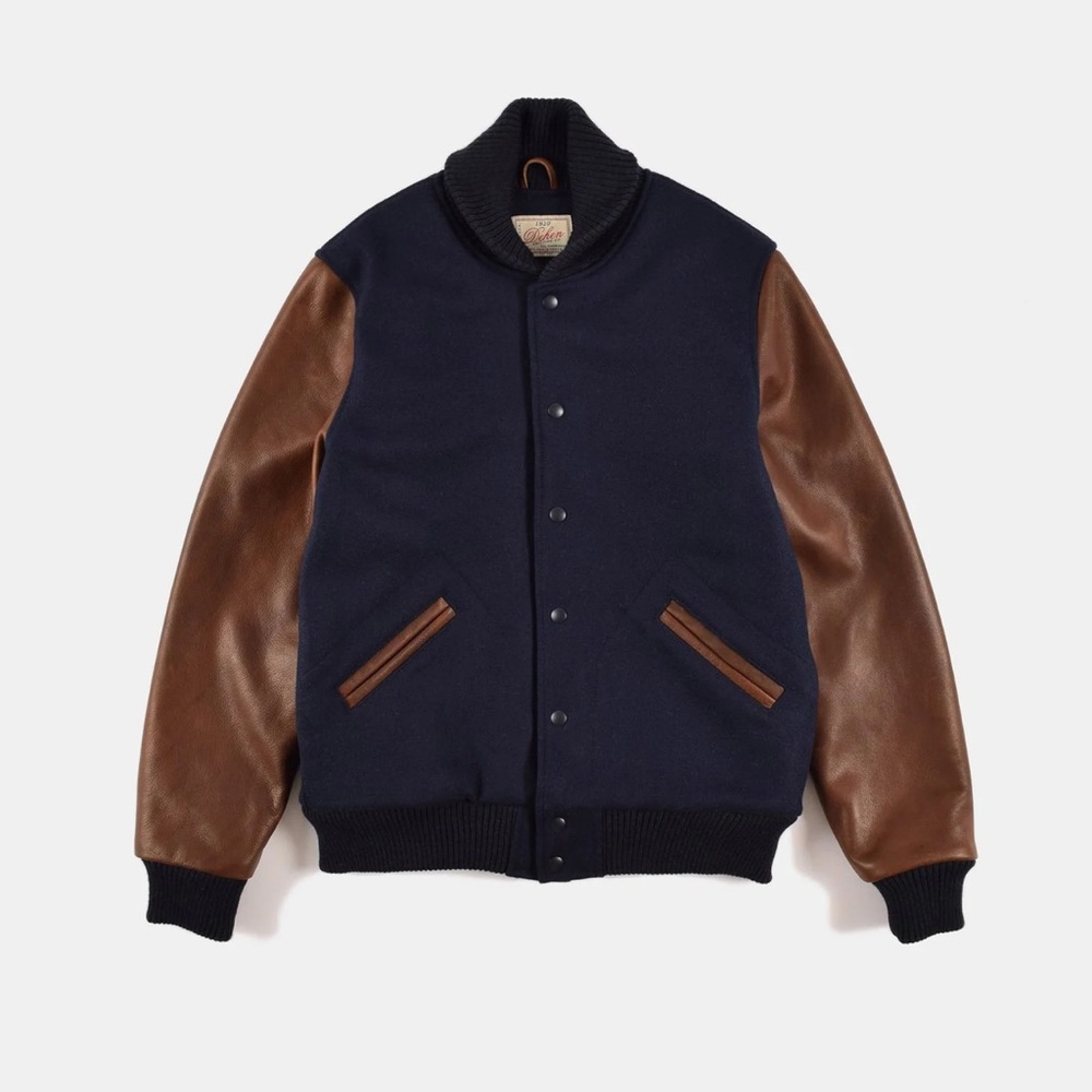 Dehen Varsity Jacket Navy with Brown Leather Sleeves Made in USA